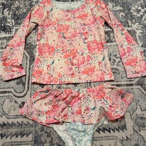 SweetHoney Pink Floral Long-Sleeve Rashguard Set with Ruffle Bottom